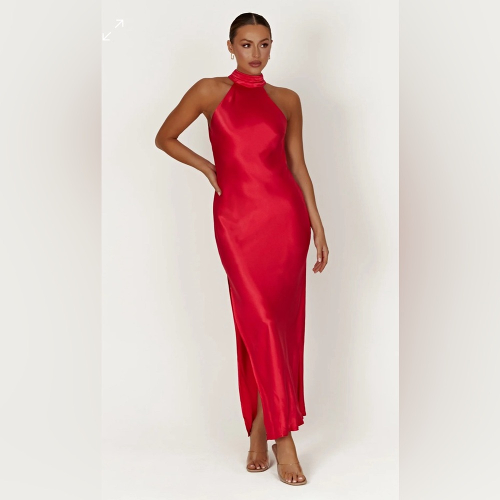 Meshki Claire Red Halter Satin Dress